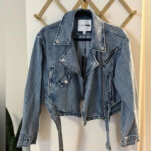 Women’s Denim Jean Moto Biker Jacket With Silver Hardware Details | NWT